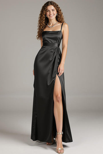 Black Satin Spaghetti Straps Sheath Long  Formal Dress with Slit
